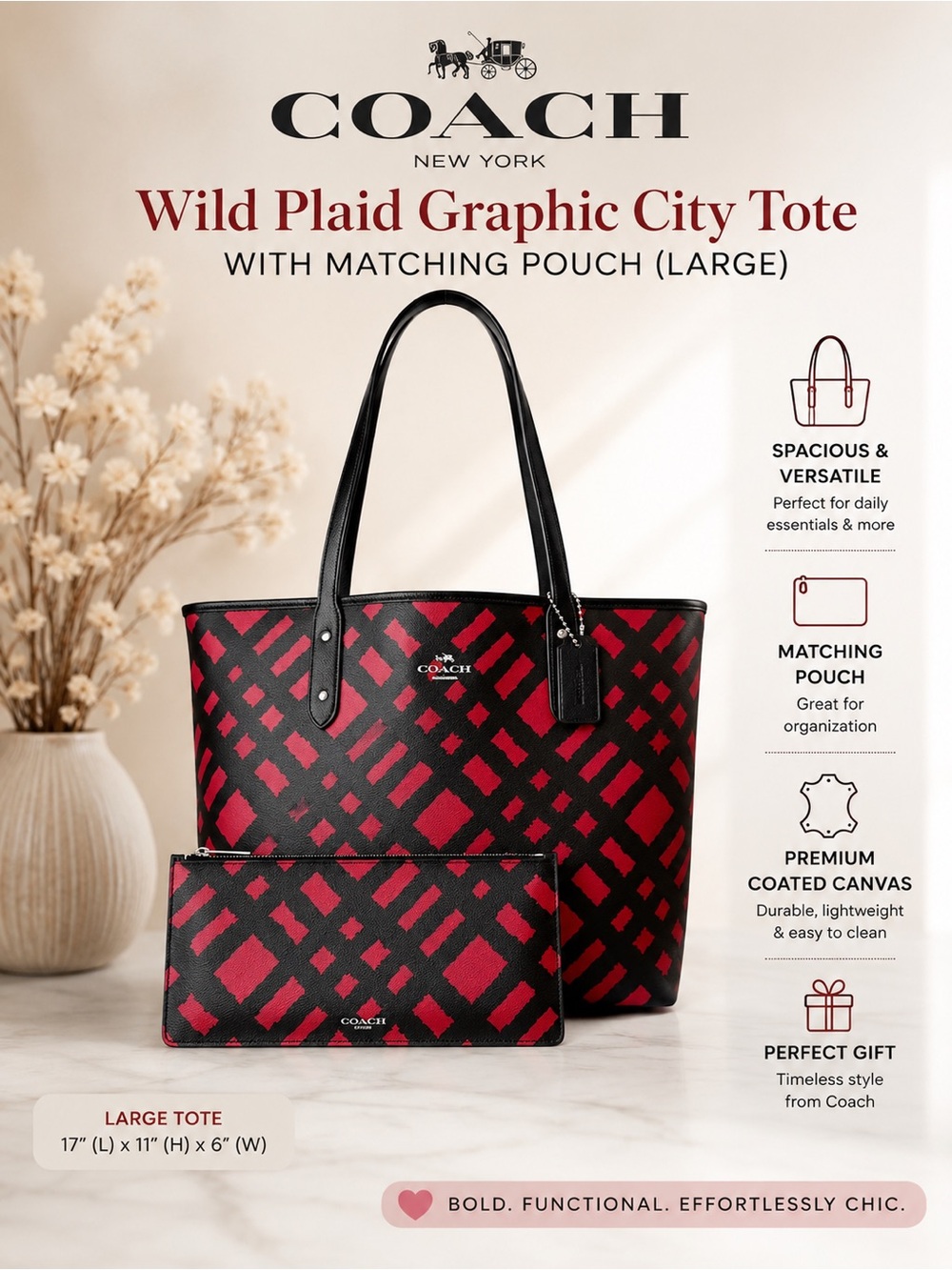 Coach Wild Plaid Graphic City Tote Bag with Matching Pouch (Large) NWOT